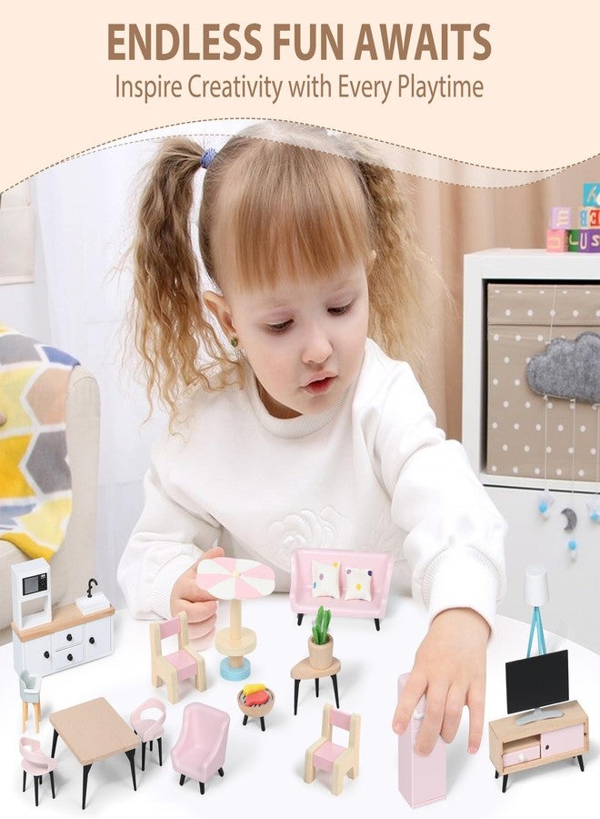 Pithfor Wooden Dollhouse Furniture Set, Dollhouse Accessories and Furniture, with 7 Rooms 3 Dolls, Includes Patio Set & Dog Set, Doll House Furniture Toys Gift for Kids Boys Girls - Image 5